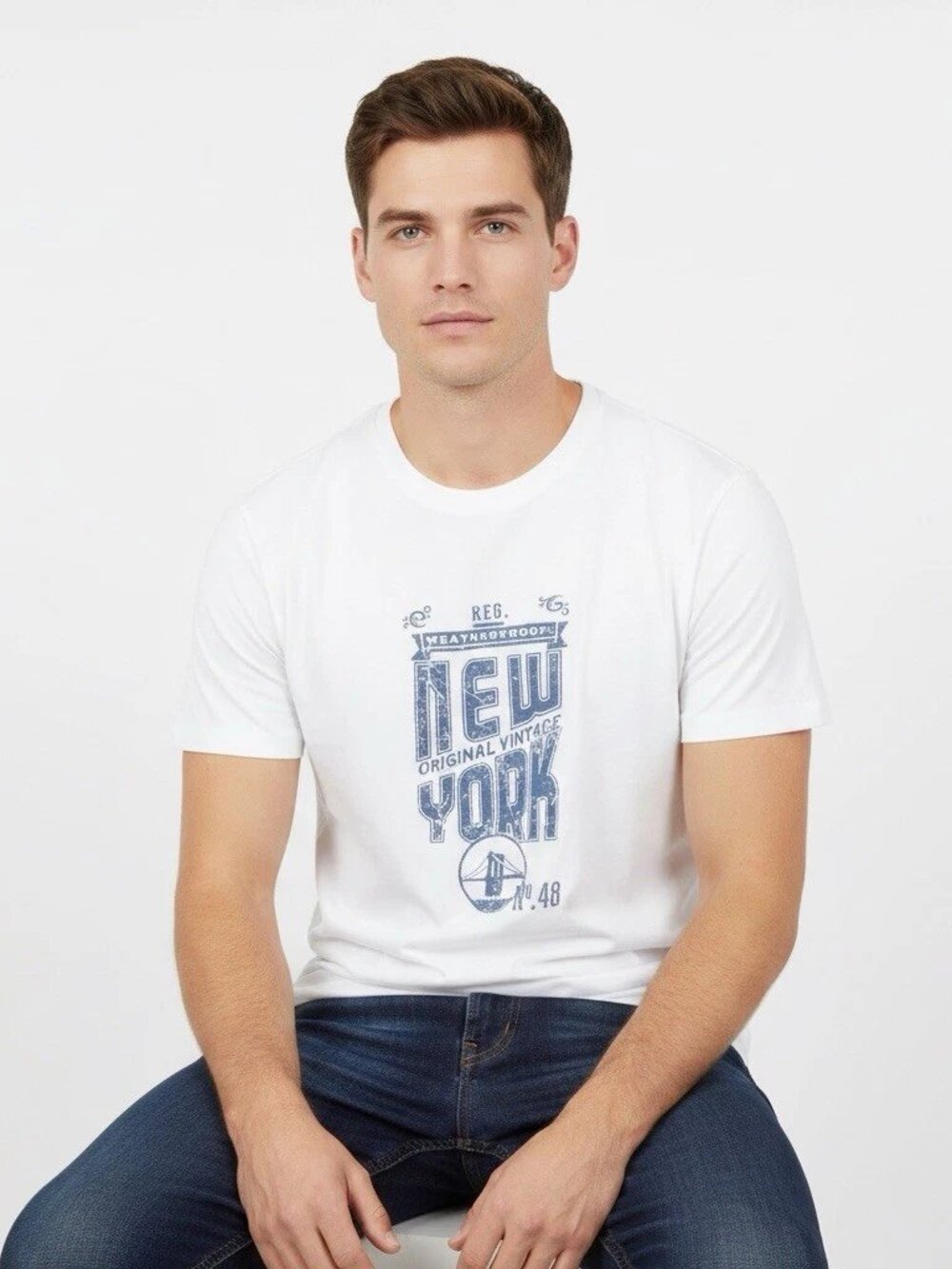 Weatherproof Vintage Men New York Crew Neck Short Sleeve Tee, White, Size S